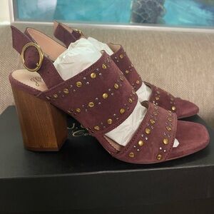 J. Crew Stella Bright Ruby Burgundy Studded Block Heel Sandals